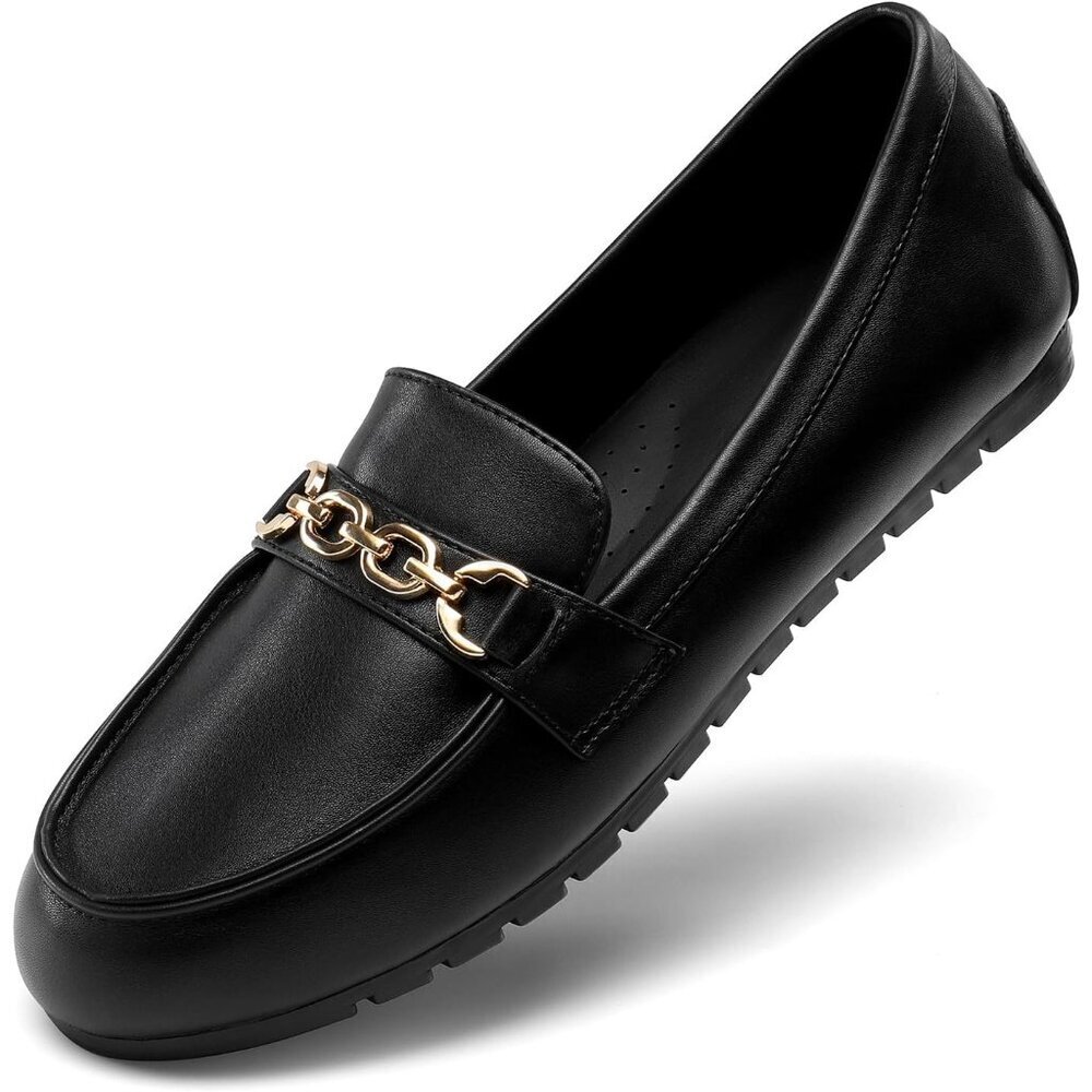 Dream Pairs Women Black-pu Faux Leather Lightweight Arch Support Slip On Flat